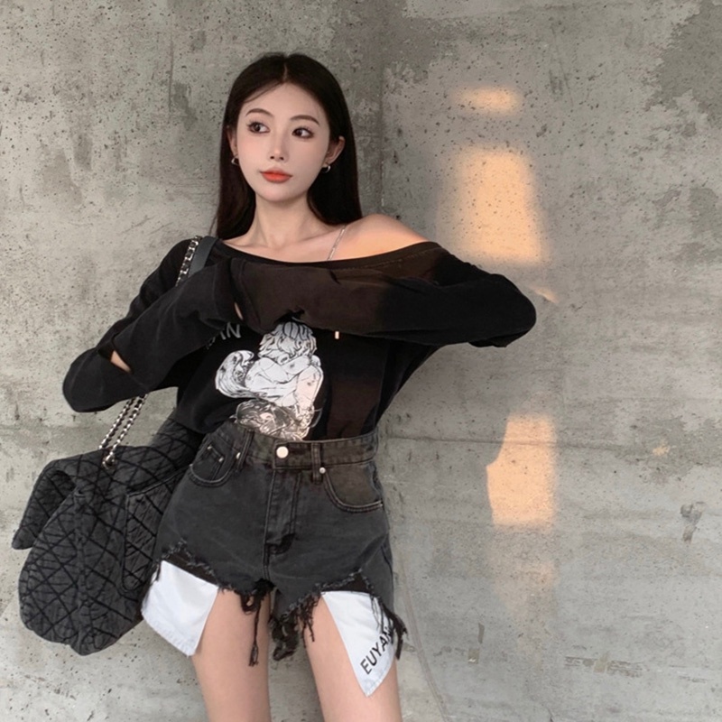 IELGYÁo Thun Nữ Dài Tay Lệch Vai In Họa Tiết Màu Đen Thời Trang