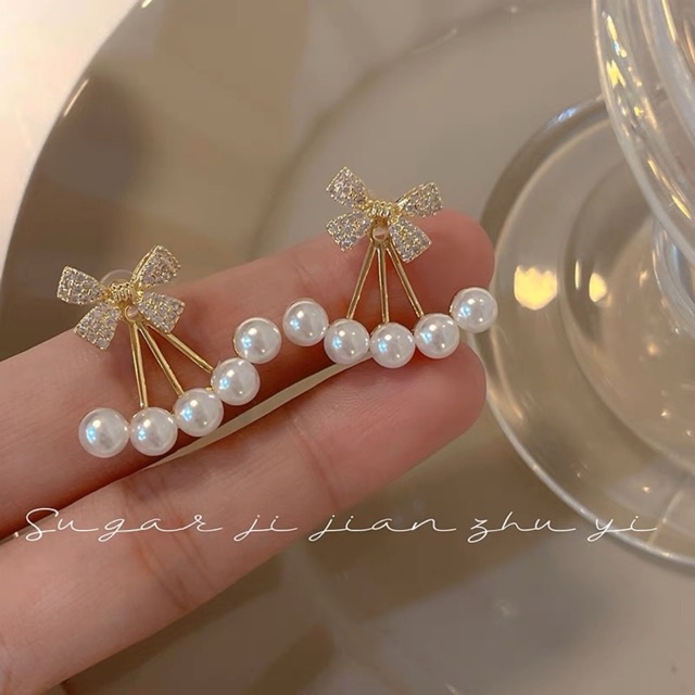 bông tai móc phía sau đính đá và châu sang chảnh, khuyên tai nơ tiểu thư