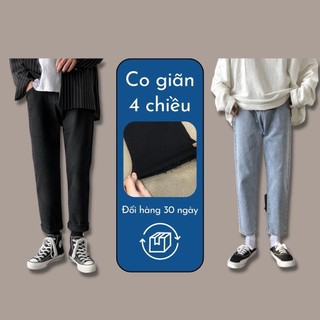 Quần Jeans Baggy Nam Rách Gối Ống Rộng Đen Trơn Không Phai Màu Vải Co Giãn-B06