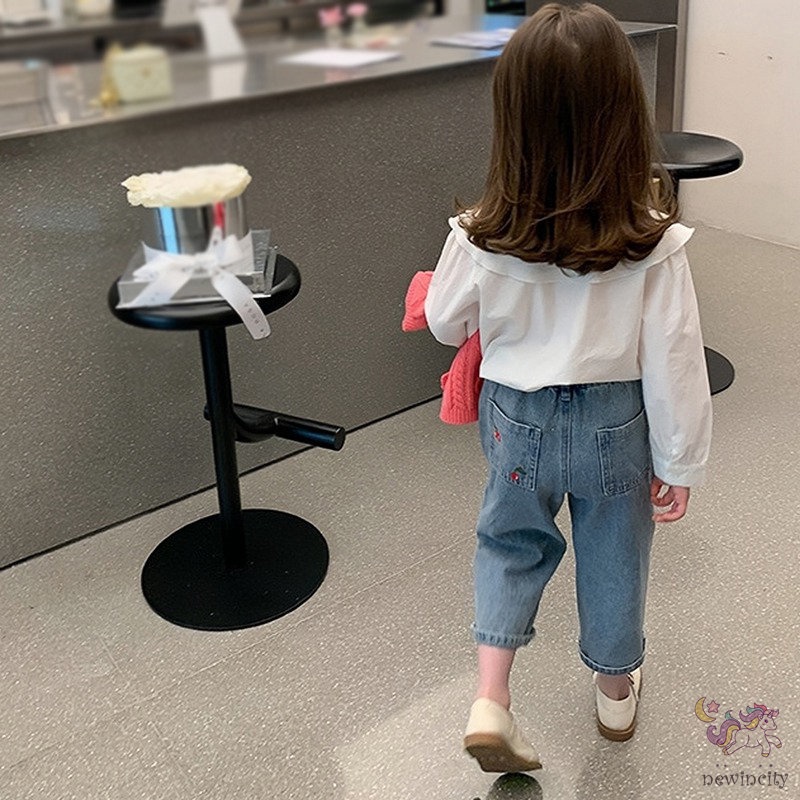 Quần Jean Dài Dáng Suông Rộng Lưng Thun Thêu Hình Cherry Kiểu Hàn Quốc Dễ Thương Cho Bé Gái