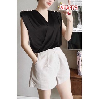 Áo lụa cổ đắp chéo vai đính cúc thanh lịch, công sở