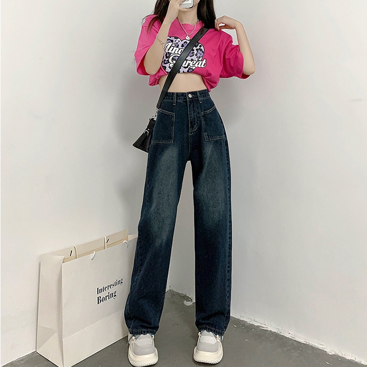 Quần jean dài SUXI ống rộng lưng cao thời trang Hàn Quốc cá tính cho nữ