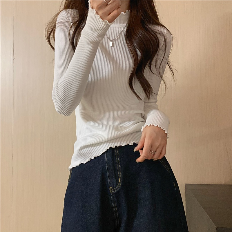 Auric edge Áo Thun Nữ Tay Dài Cổ Cao Phong Cách Hàn Quốc