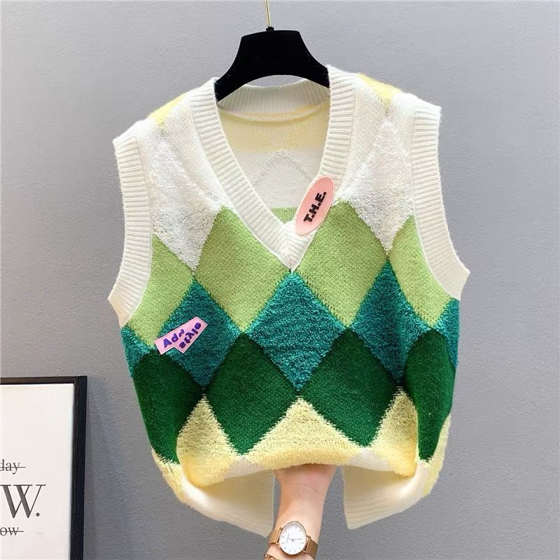 Áo Dệt Kim Sát Nách Dáng Rộng Họa Tiết Hình Thoi Thời Trang Hàn Quốc Cho Nữ