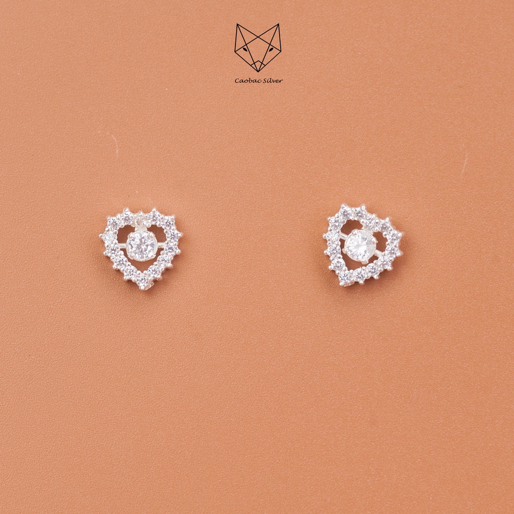 Khuyên Tai Bạc Ta Nữ CaoBac Silver Hình Tim Đá Nhọn Ổ Đá Giữa Lấp Lánh, Thanh Lịch Xinh Xắn Dành Cho Bạn Gái