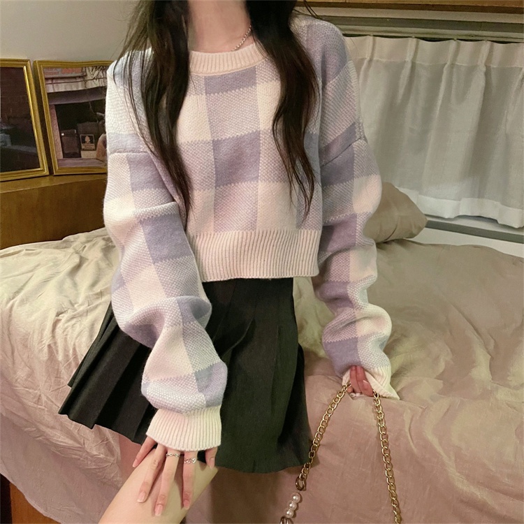 Áo Sweater Dáng Rộng Ngắn Kẻ Caro Thời Trang Mùa Thu Hàn Quốc Cho Nữ