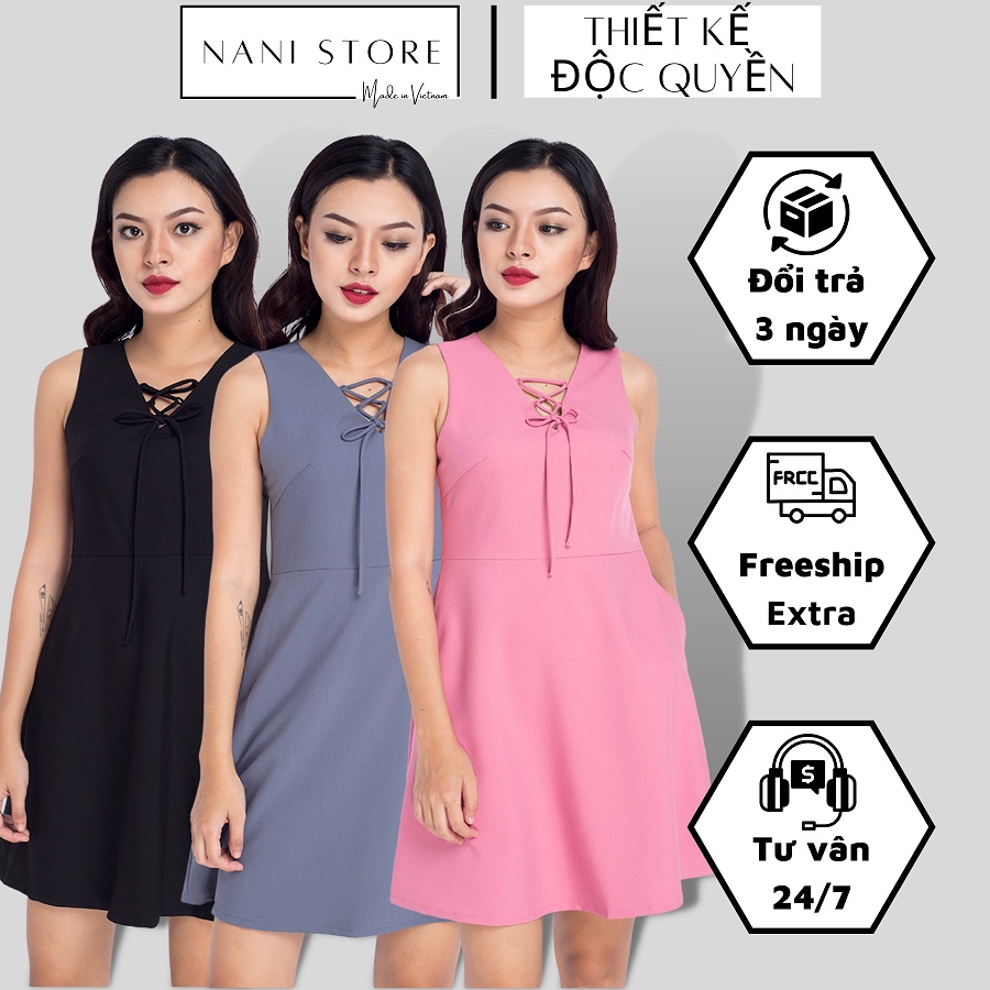 Đầm dạo phố không tay cổ cột nơ, vải cotton, mềm mát, thấm hút mồ hôi tốt - màu hồng, xám, đen - Nani Store