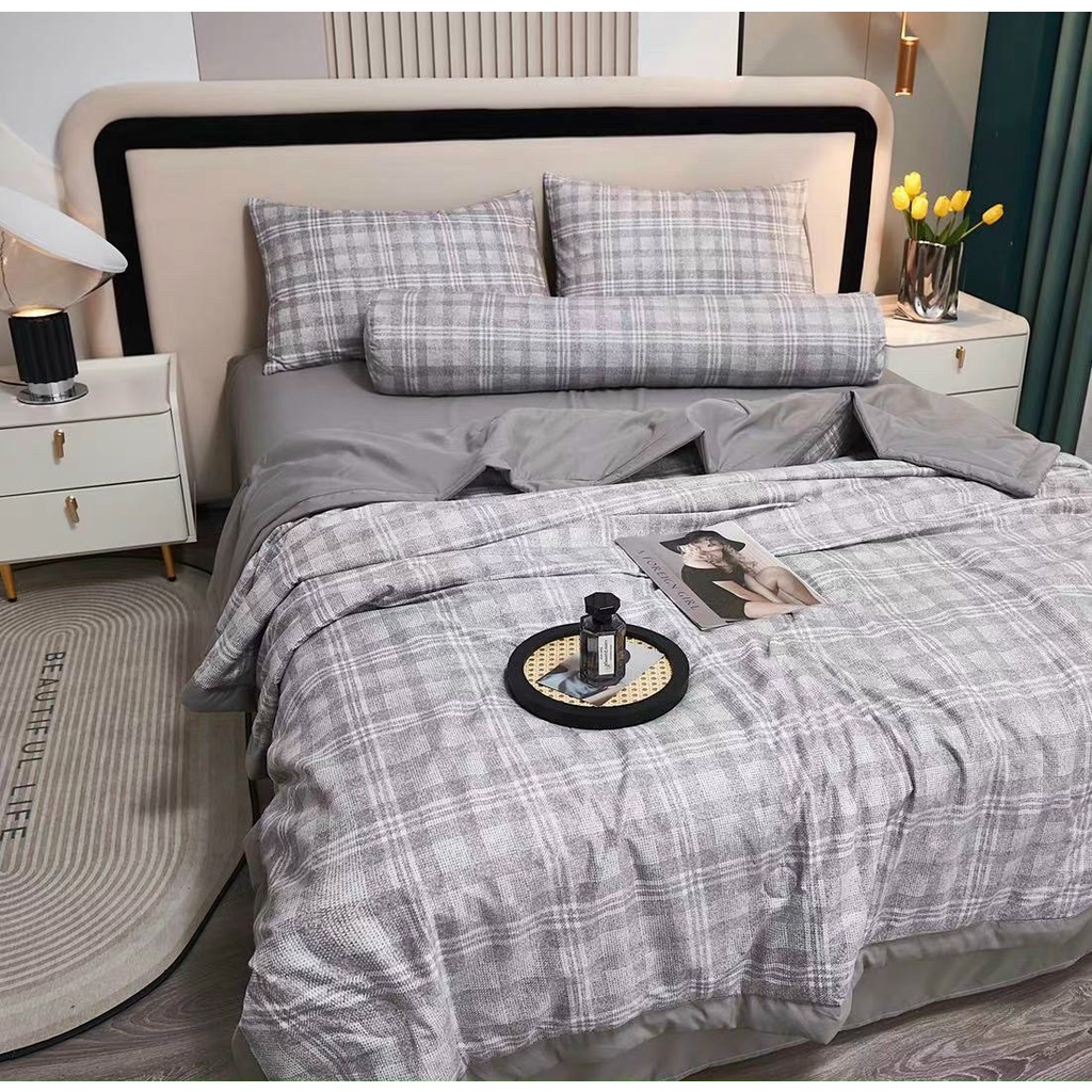 Bộ Chăn Ga Gối Ctton Đũi Lụa 5 Món Chất Vải Mềm Mịn Mẫu Kẻ Hot Trend  Phong Cách Hàn Quôc Set Đũi Lụa 5 Món