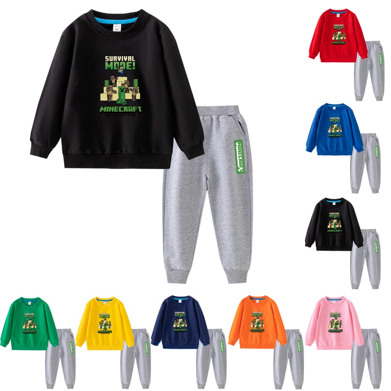 Bộ Áo Sweater Cotton Cổ Tròn Dài Tay + Quần Thể Thao Hoạt Hình Minecraft 8 Màu DA013