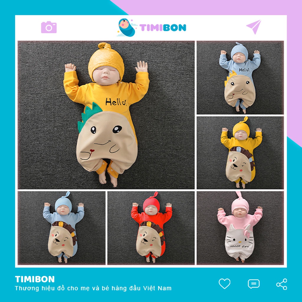 Bộ Đồ Liền Thân Quần Áo Trẻ Em Sơ Sinh Dài Tay Chất Cotton Bodysuit Cho Bé Trai Bé Gái Hình Thú Timibon [BDD17]