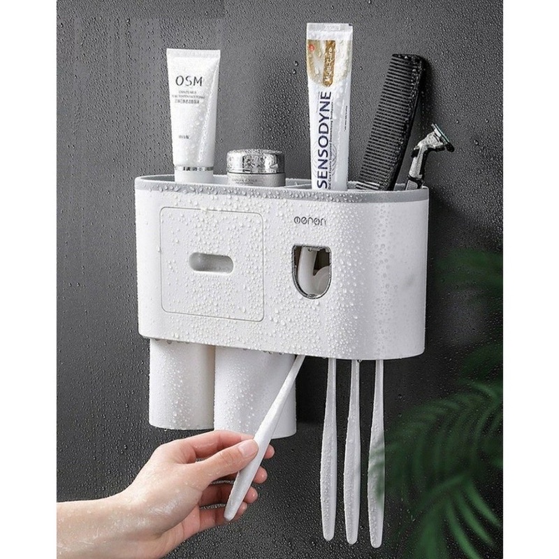 Bộ Nhả Kem Tự Động, Kệ Để Cốc Bàn Chải Đánh Răng Nhà Tắm Lắp Đặt Dính Tường - KiNo Shop
