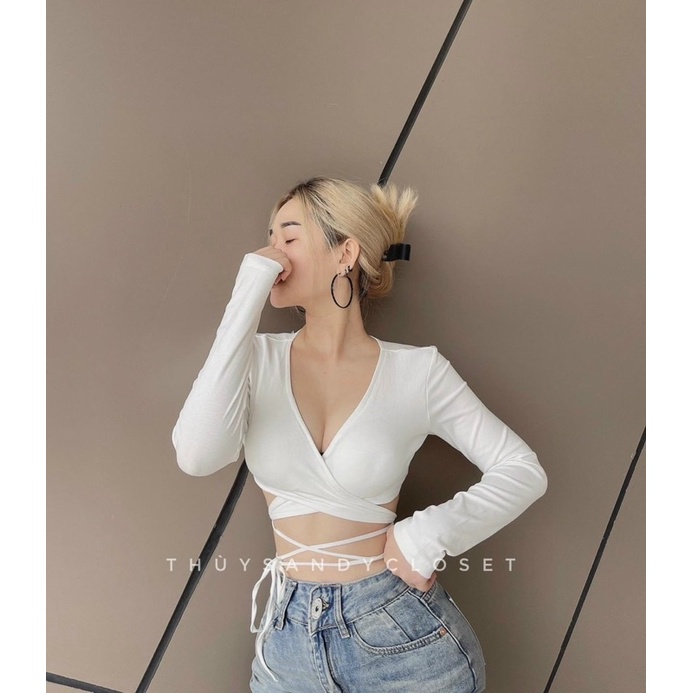 Áo thun Tay Dài Đan Eo Croptop Đắp Chéo Cúp Mút