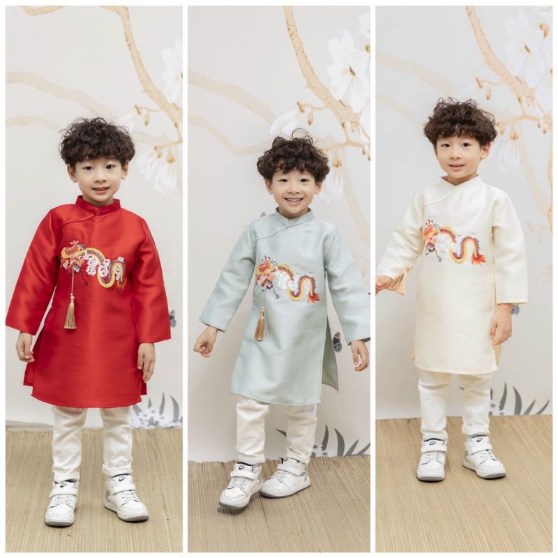 Áo dài cách tân bé trai thêu rồng kèm tua dua chất liệu tafta lên form đẹp phù hợp mặc tết Nét Việt