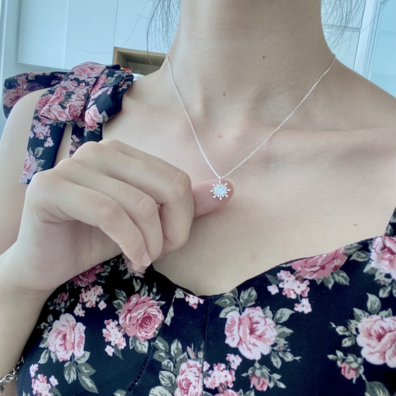 Dây Chuyền Bạc Nữ Hình Hoa Tuyết Đá Moonstone Nhận Tạo 100% Bạc Ý S925 Cao Cấp, Dây Chuyền Đá Xanh Hoa Tuyết