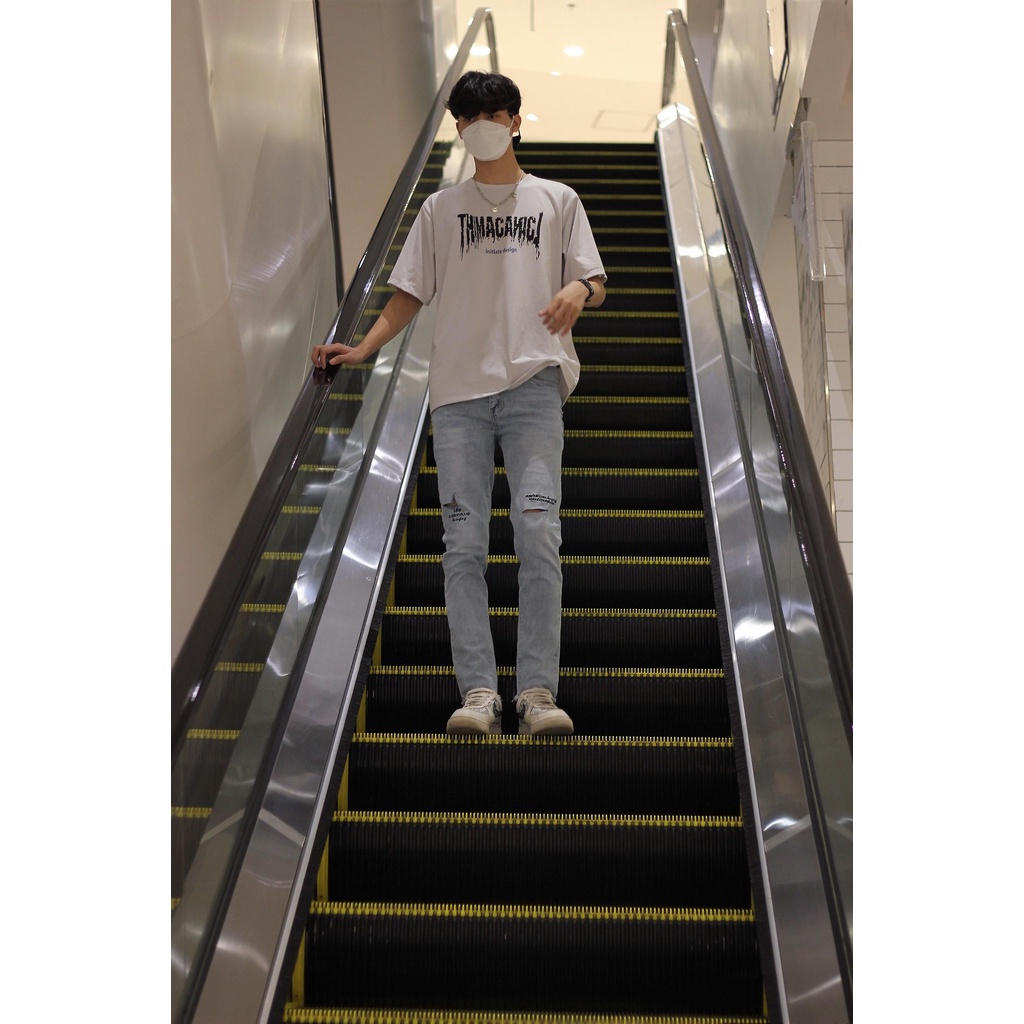 Quần jean nam rách gối màu xanh thêu chữ đen ghi nhạt co giãn 4 chiều dáng slimfit skinny phom ôm VNXK Pon.mens hà nội