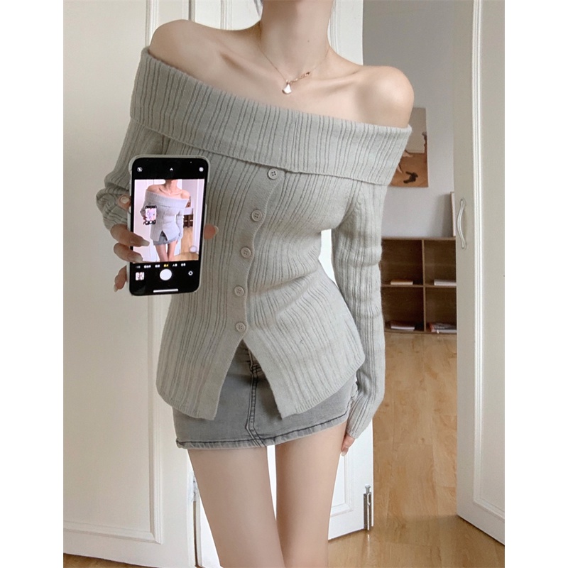 HUANG YOYO Áo Len Nữ Dài Tay Lệch Vai Thời Trang Hàn Quốc | BigBuy360 - bigbuy360.vn