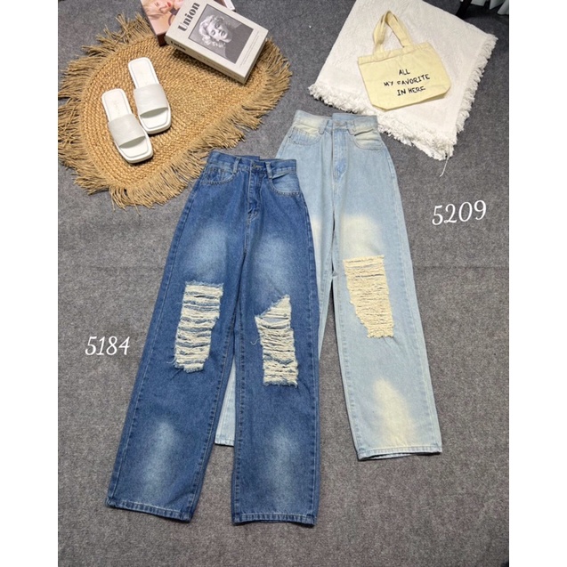 QUẦN JEANS RÁCH ỐNG RỘNG DÁNG DÀI LOANG MÀU