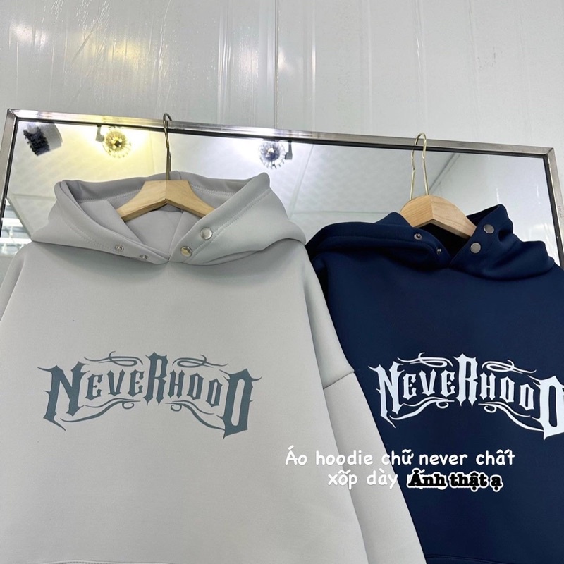 Áo hoodie cúc bấm form rộng in hình NEVEHOOD mũ 2 lớp, áo hoodie phong cách Hàn Quốc