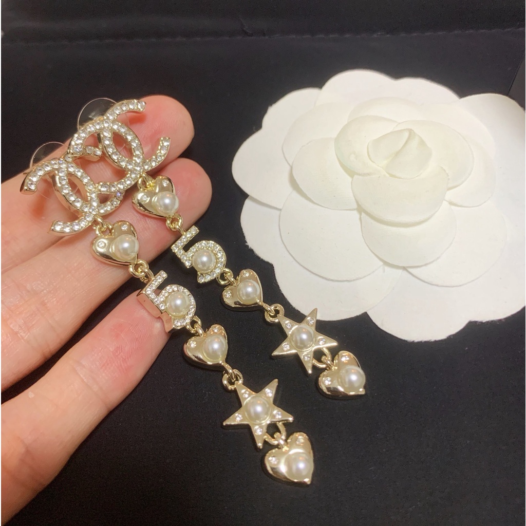 Bông Tai Mạ Bạc 925 Hình Chữ C / Ngôi Sao / Trái Tim Năm Cánh Đính Ngọc Trai Thời Trang