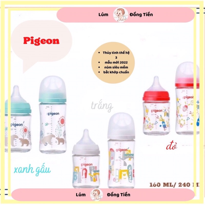 Bình Sữa Pigoen Thuỷ Tinh Nội Địa Nhật Thế Hệ 3 Mẫu Mới 2022 Núm Ti Mềm 160ml 240ml