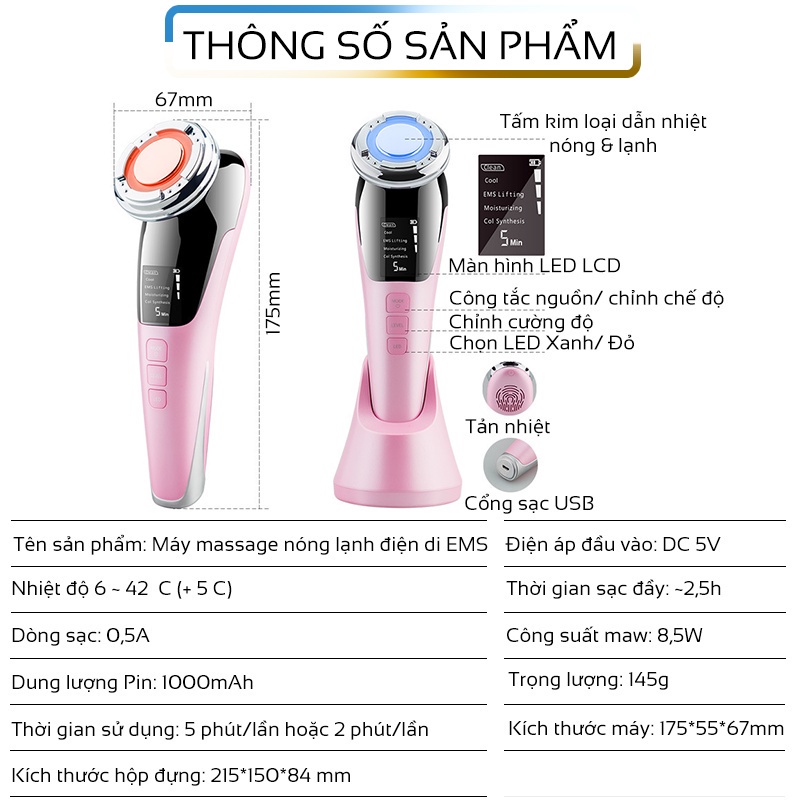 Máy massage mặt nóng lạnh ion, Máy đẩy tinh chất điện di cao cấp Trẻ hóa da, giảm mụn Bảo Hành 6TH QStore