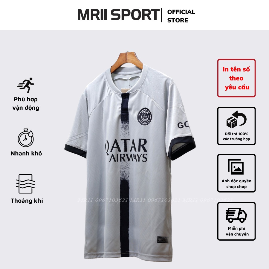 Bộ Quần Áo Bóng Đá PSG Sân Khách 2023 Màu Xám Cực Chất - Vải Thái Ép Vân Chuẩn Áo Thi Đấu MR11 SPORT