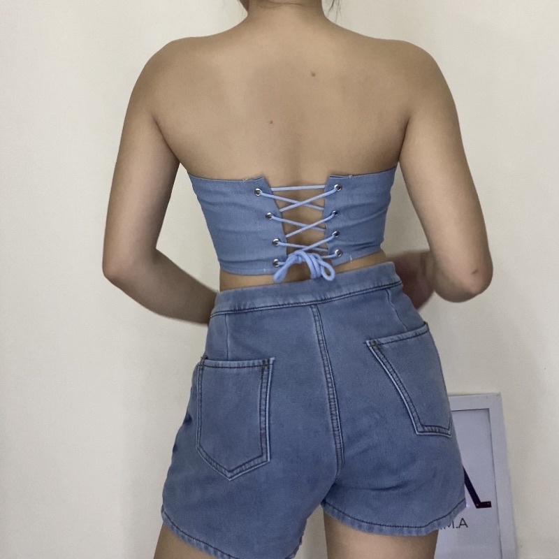 Áo bra corset jeans xương cá V cut chéo khoét eo siết dây demin