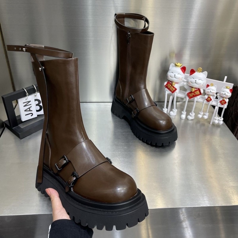 ( ORDER ) Giày Boots Cao Cổ Đế Bánh Mì Phối Đai Phong Cách Cổ Điển