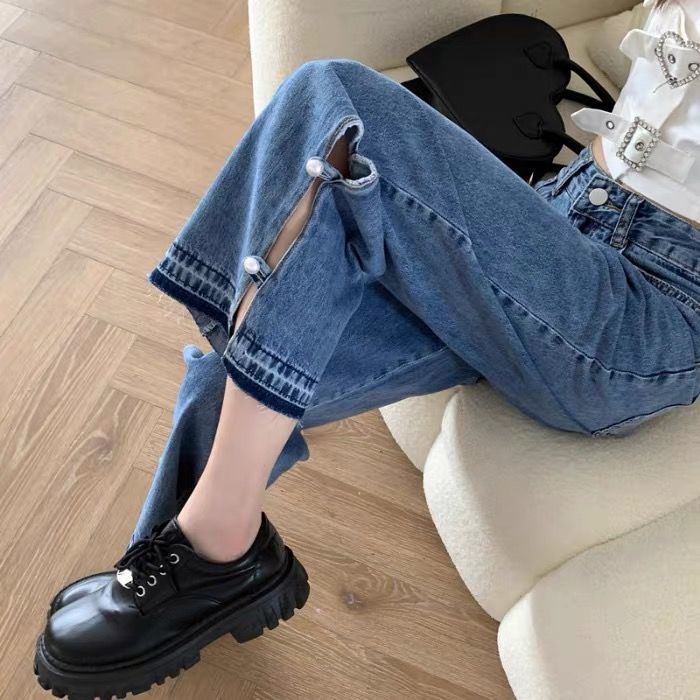 Quần Denim Dài Tới Mắt Cá Chân Lưng Cao Xẻ Tà Đính Hạt Thời Trang Mùa Thu 2022 Phong Cách Mới Cho Nữ222808