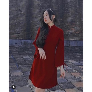Đầm Nhung Cổ Tàu Cách Tân Tay loe