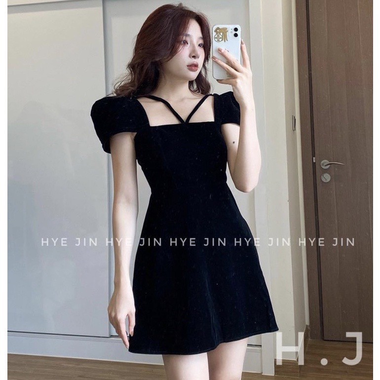 [12/12 Sale Fresship] Đầm chất nhung cổ vuông tay ngắn đi chơi dạo phối,đầm thời trang đi tiệc dáng xòe siêu xinh mtb