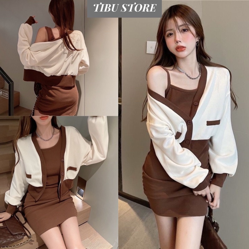Set Váy 2 Dây TIBU Đầm body Nhúm Hông phối Áo Khoác Cardigan Dài Tay Freesize