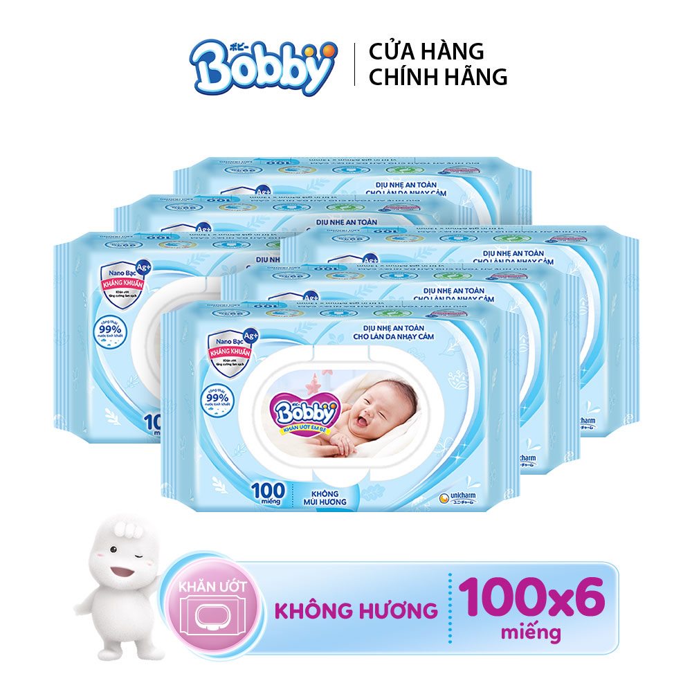 Combo 10 gói Khăn ướt Bobby không mùi 100 tờ/gói
