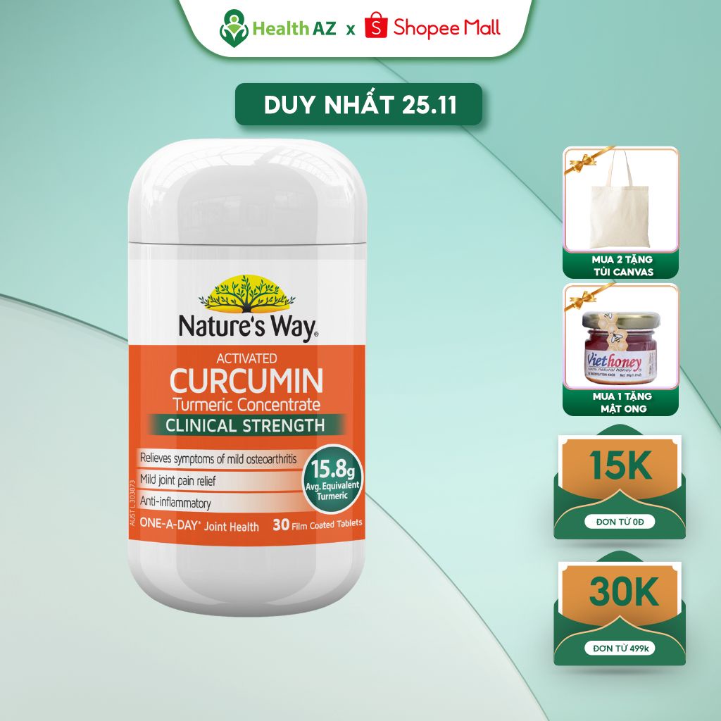 Viên Uống Activated Curcumin Clinical Strength NATURE'S WAY Giảm Viêm Khớp, Thoái Hóa Khớp, Hộp 30 Viên