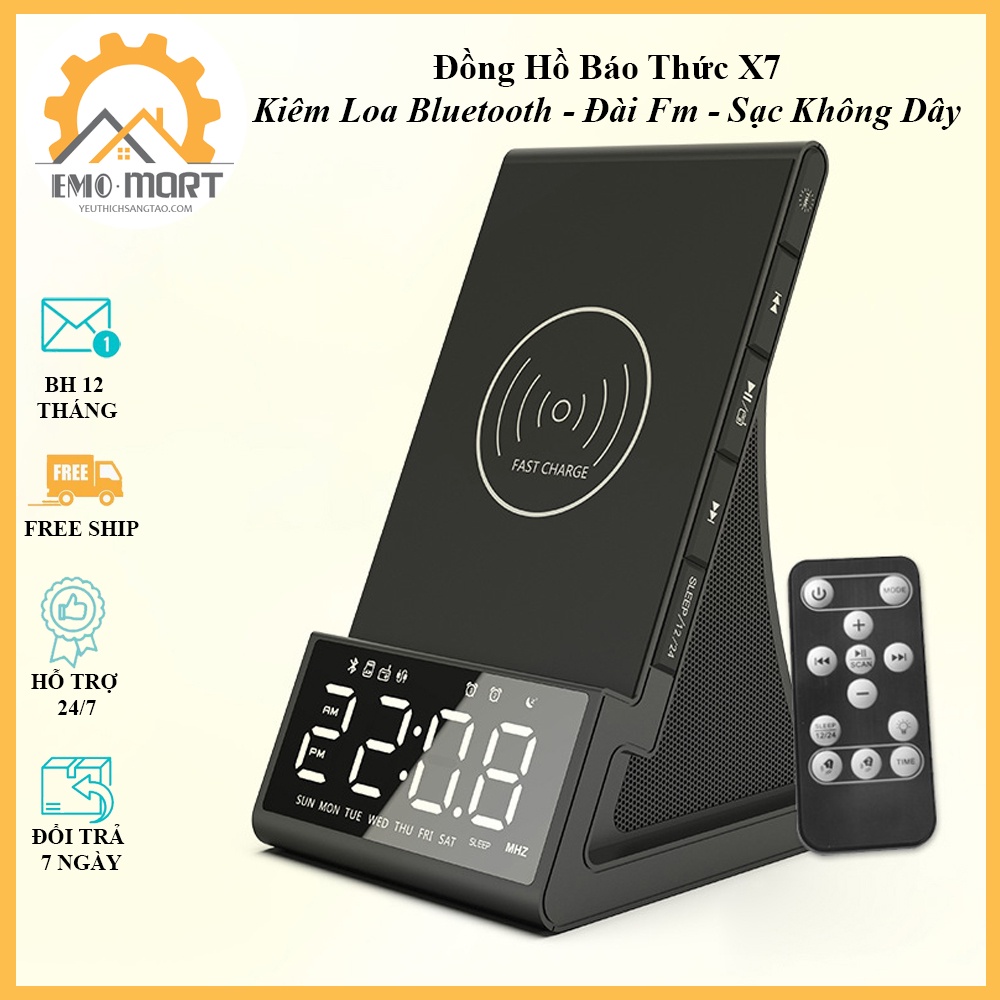 ⚡️𝗕𝗛 𝟭𝟮 𝗧𝗛𝗔́𝗡𝗚⚡️ Đồng Hồ Báo Thức ⚡️ Kèm sạc nhanh không dây, Loa kép bluetooth, Nghe đài, Tự động tắt nhạc hẹn giờ