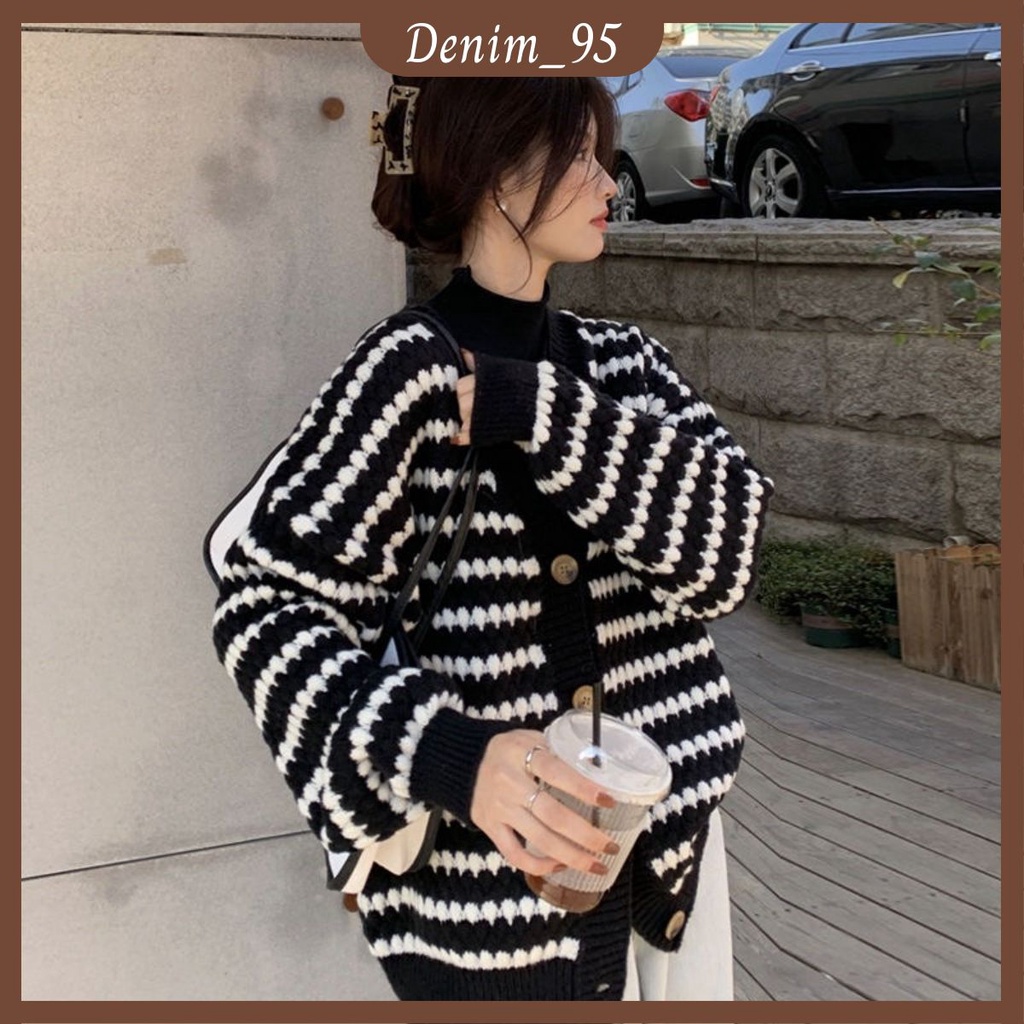 Áo cardigan nữ, dáng rộng, Hoạ tiết kẻ đen trắng Hàn Quốc, Chất len mềm mịn