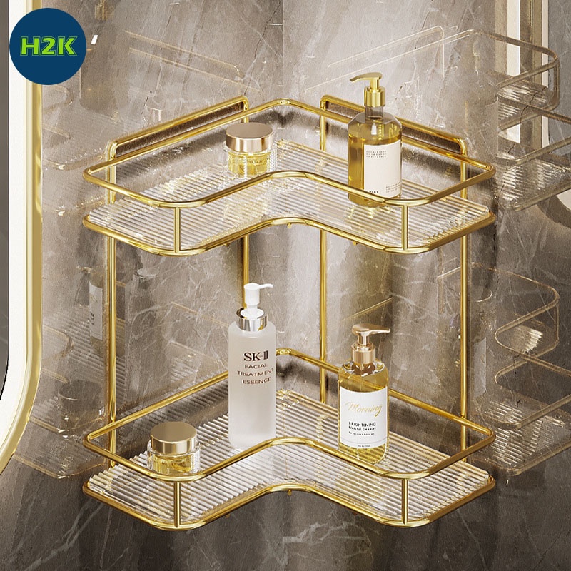 Kệ Góc Đựng Mĩ Phẩm , Đồ Trang Điểm 2 Tầng Cao Cấp Có Viền Mạ Vàng Champagne Phong Cách Châu Âu Đẹp Và Tiện Dụng