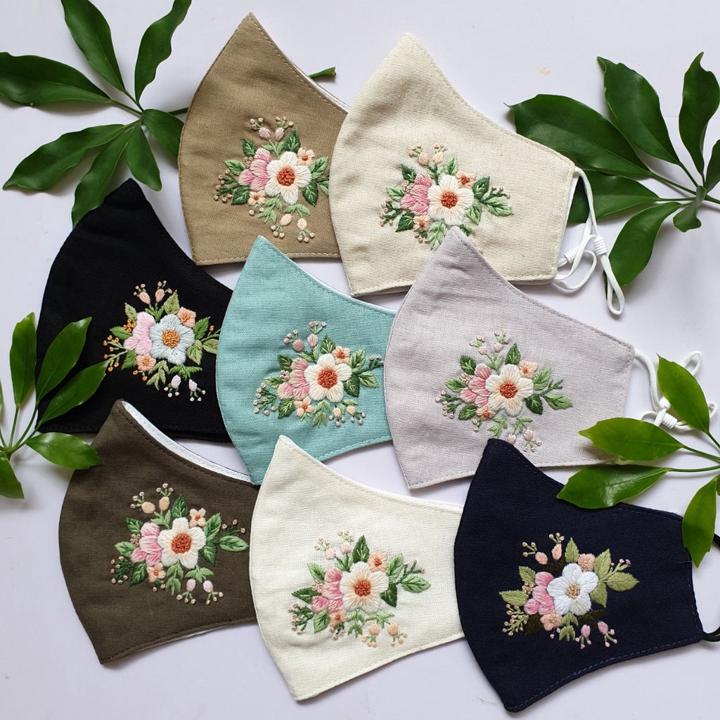 Khẩu trang thêu tay vải linen hình Hoa JL110
