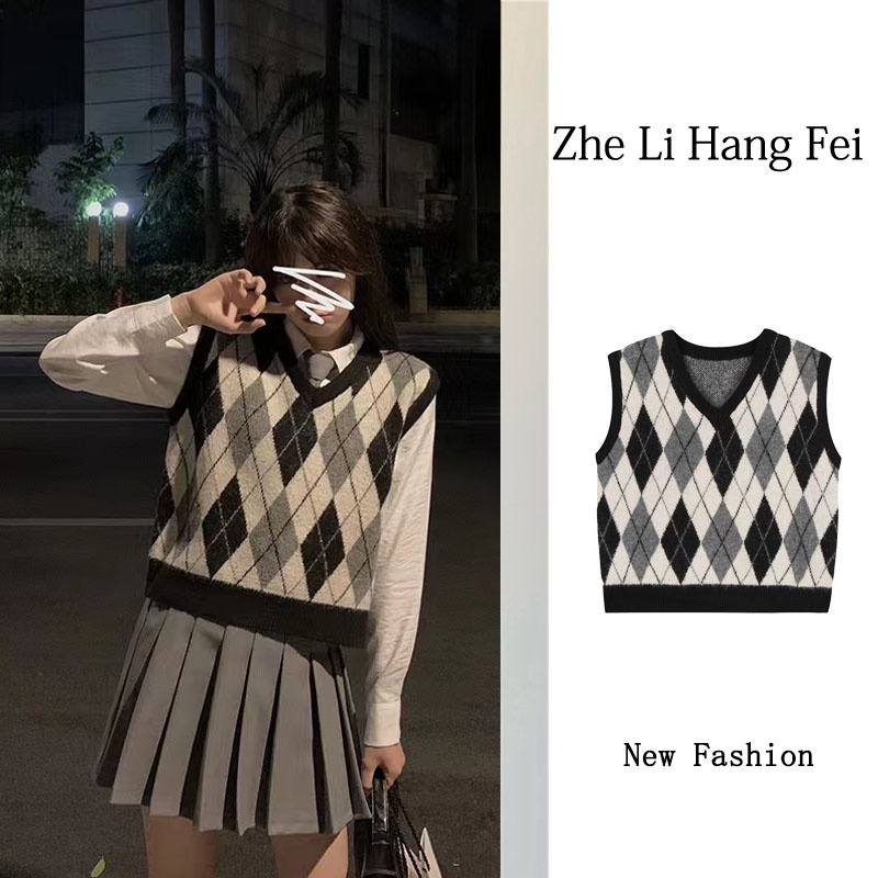 【ZHELIHANGFEI】Áo Len Không Tay Form Rộng Họa Tiết Kim Cương Theo Phong Cách Preppy Dễ Phối Đồ
