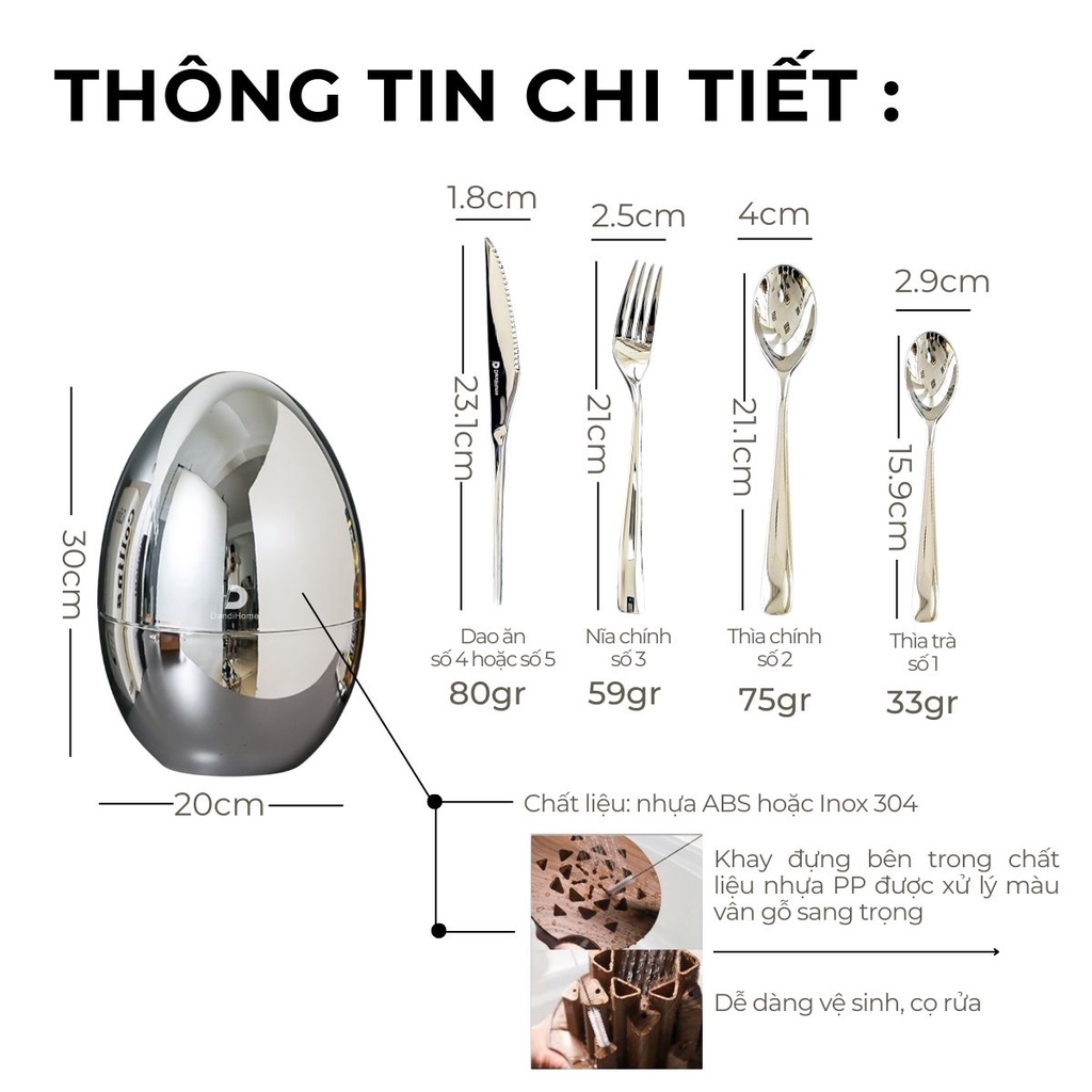 Set quà tặng quả trứng đựng 24 món dao thìa muỗng nĩa DandiHome cao cấp, sang trọng