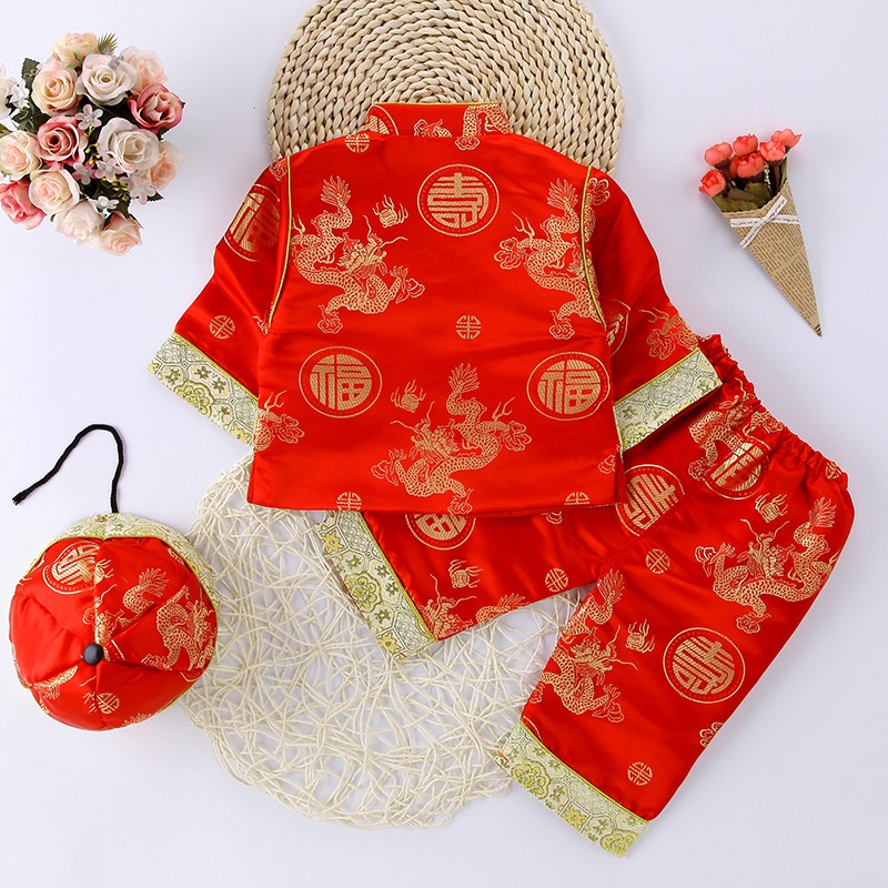 Bộ đồ tết bé trai kèm nón nút tàu chất gấm thêu hoa văn