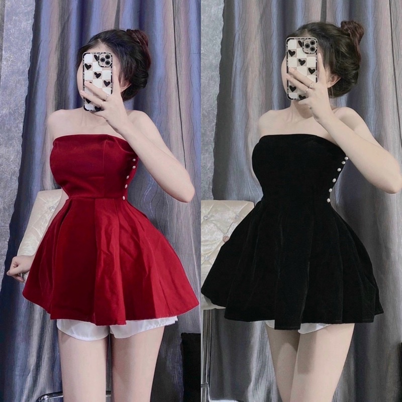 Set Bộ Nhung Ống Cúp Ngực Đính Hột Kèm Quần Short Đùi