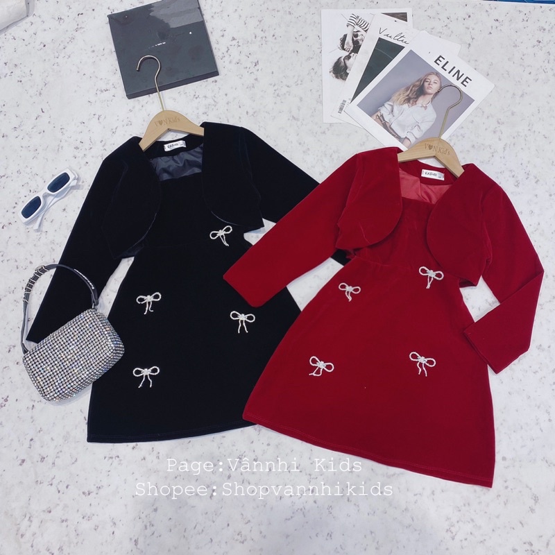 Set Váy Nhung Đính Đá Nơ Cho Bé 16kg-41kg