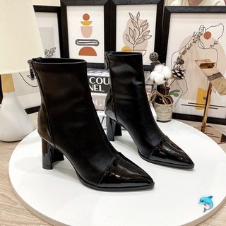 giày bốt nữ mũi nhọn vá gót 7cm boots da mềm fullbox