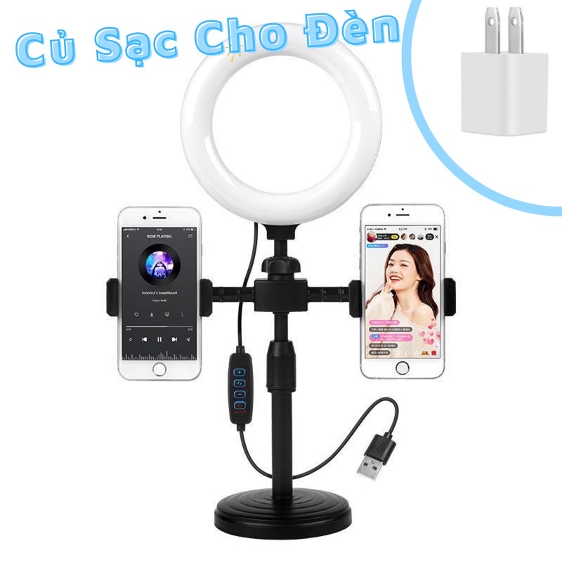 Đèn Livestream để bàn, Tích Hợp Giá Đỡ 2 Điện Thoại Có 3 Chế Độ Sáng, Kẹp Điện Thoại Để Bàn Quay Video Có Đèn Led 3 Màu