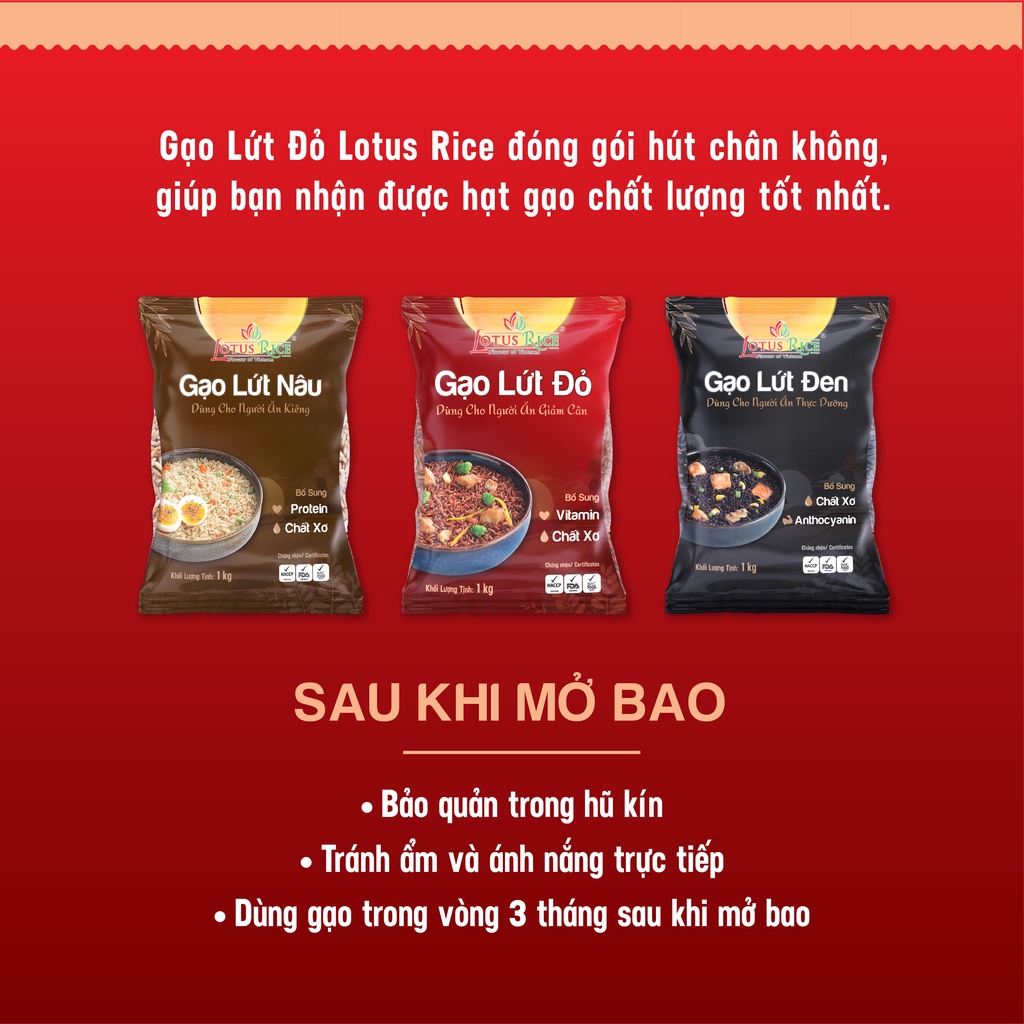 Gạo Lứt Đỏ mềm bùi dễ ăn Lotus Rice 1kg - Dễ ăn dễ nấu - Nhiều chứng nhận ATTP