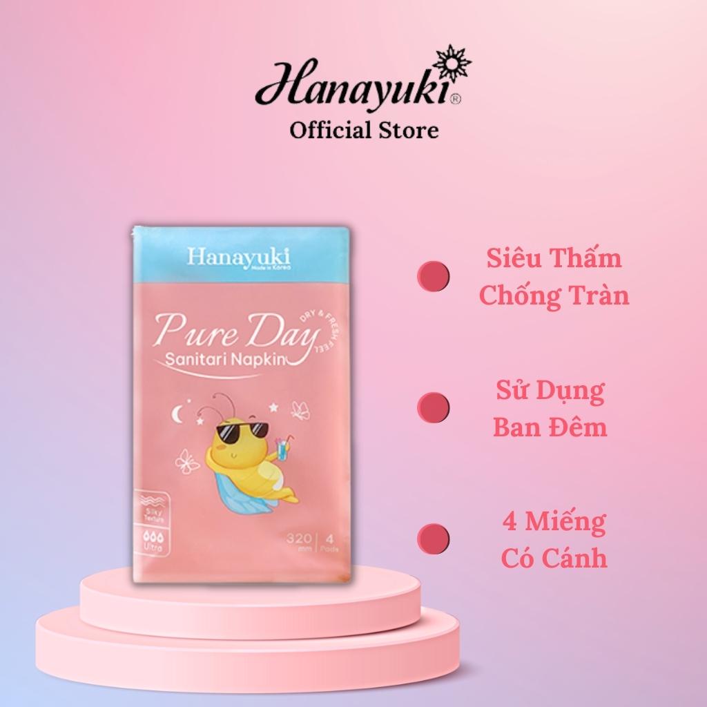 Băng Vệ Sinh Ban Đêm Pure Day Sanitary Napkin Siêu Thấm Chống Tràn Gói 4 Miếng Có Cánh Size L Hanayuki Chính Hãng