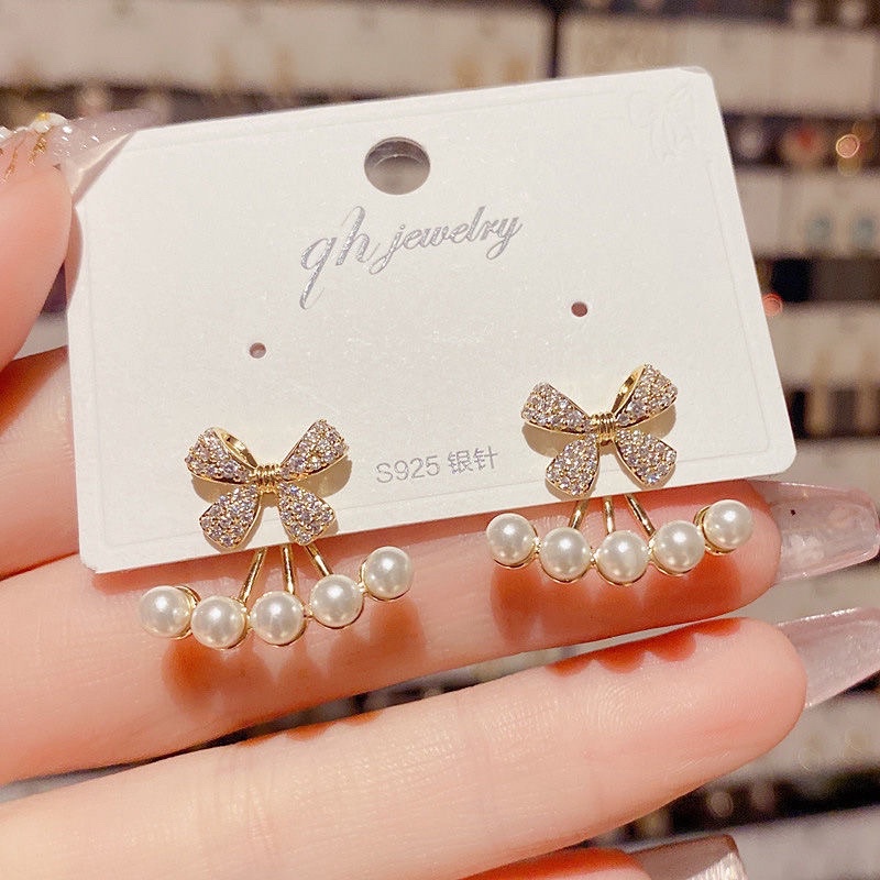 bông tai móc phía sau đính đá và châu sang chảnh, khuyên tai nơ tiểu thư