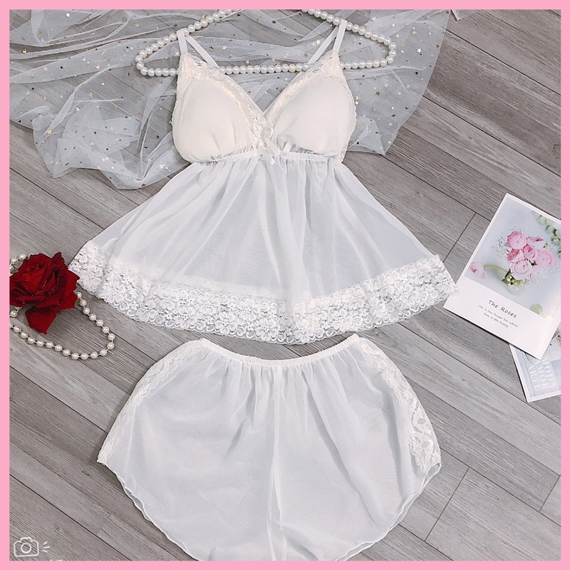 Bộ Ngủ Sexy - Đồ Ngủ Voan Lụa Mỏng Màu Trắng