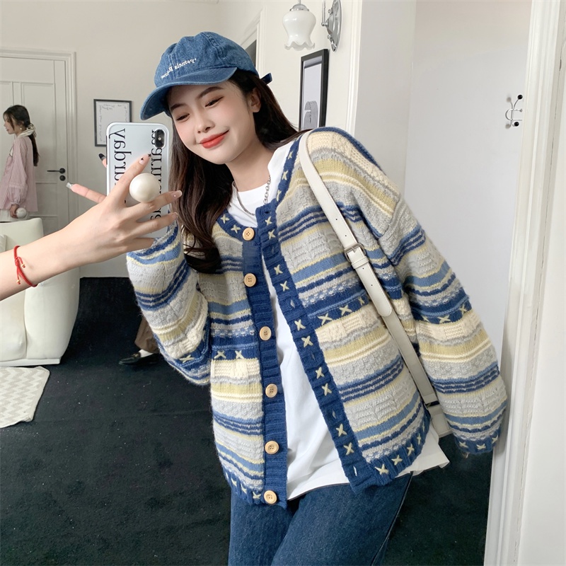 Áo khoác len nữ dài tay cổ tròn phối màu vintage, áo khoát len cardigan nữ phong cách hàn quốc 6434